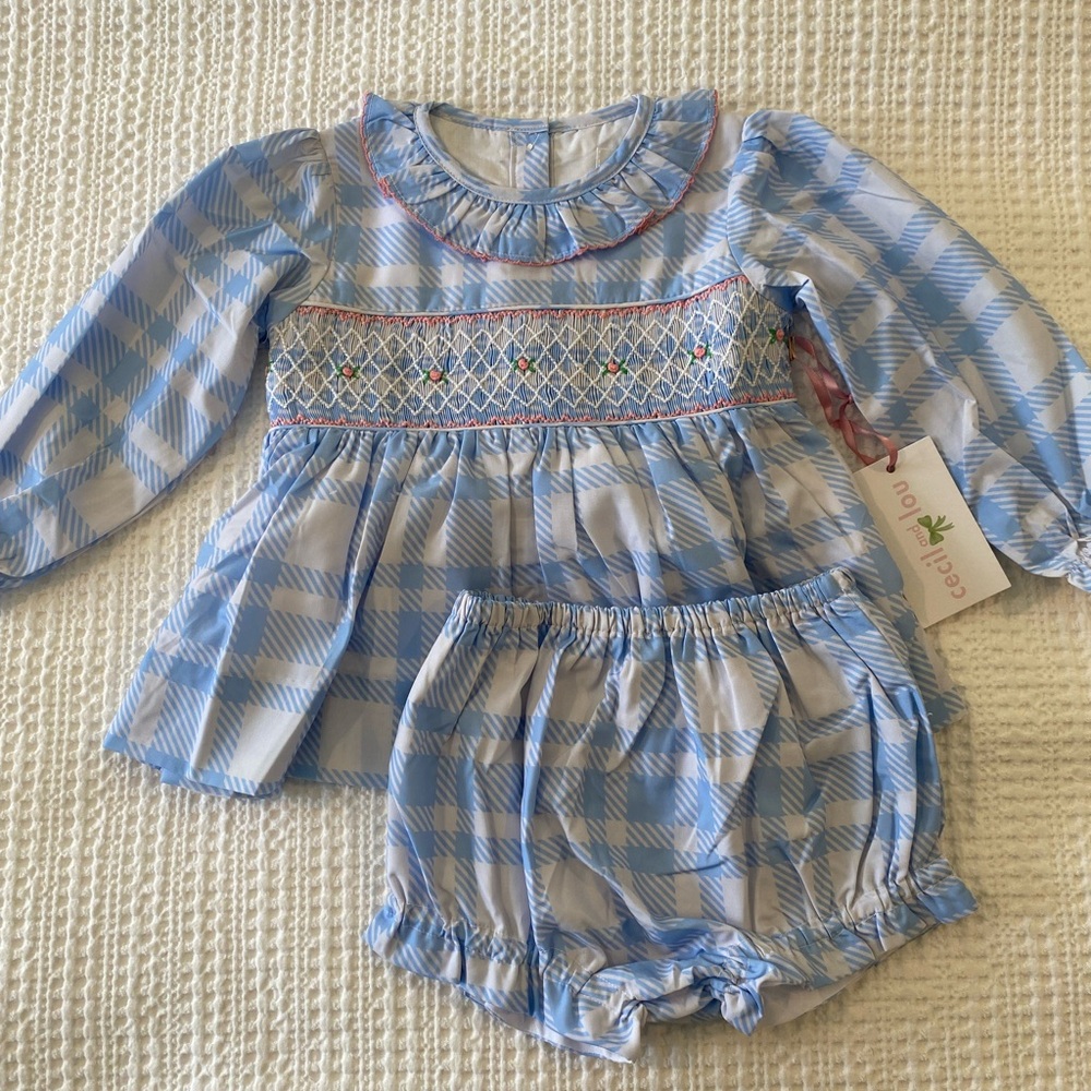 Blue Plaid Baby Girl Outfit with Bloomers 2T
